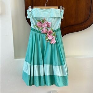 Betsey Johnson 4 Floral Embroidered Dress Teal White